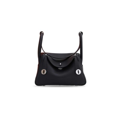 HERMÈS LINDY 26 CLEMENCE LEATHER BLACK TOTE BAG (26*18*12cm)